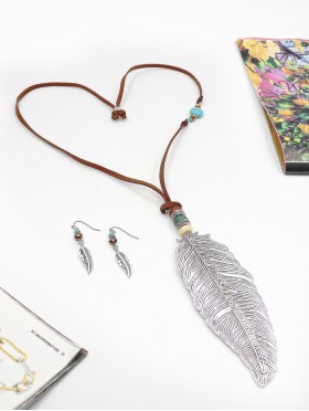 Feather Necklace W/ Rhinestones and Earring Set 